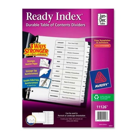 Avery T.O.C. Divider, Printed Jan To Dec, 8.5x11, 12 Tabs, White/White